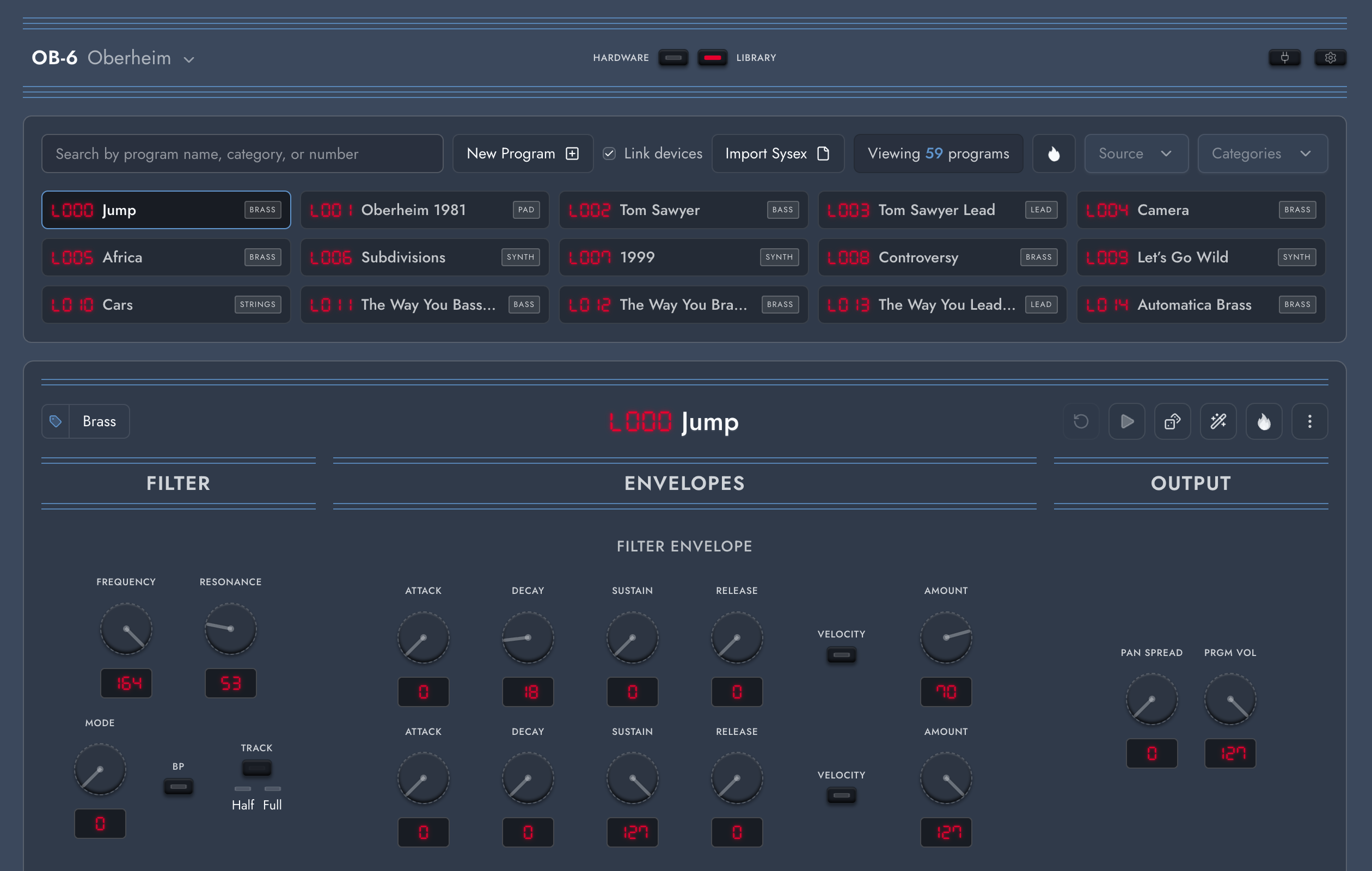 Shared sound library viewed from the OB-6 workspace