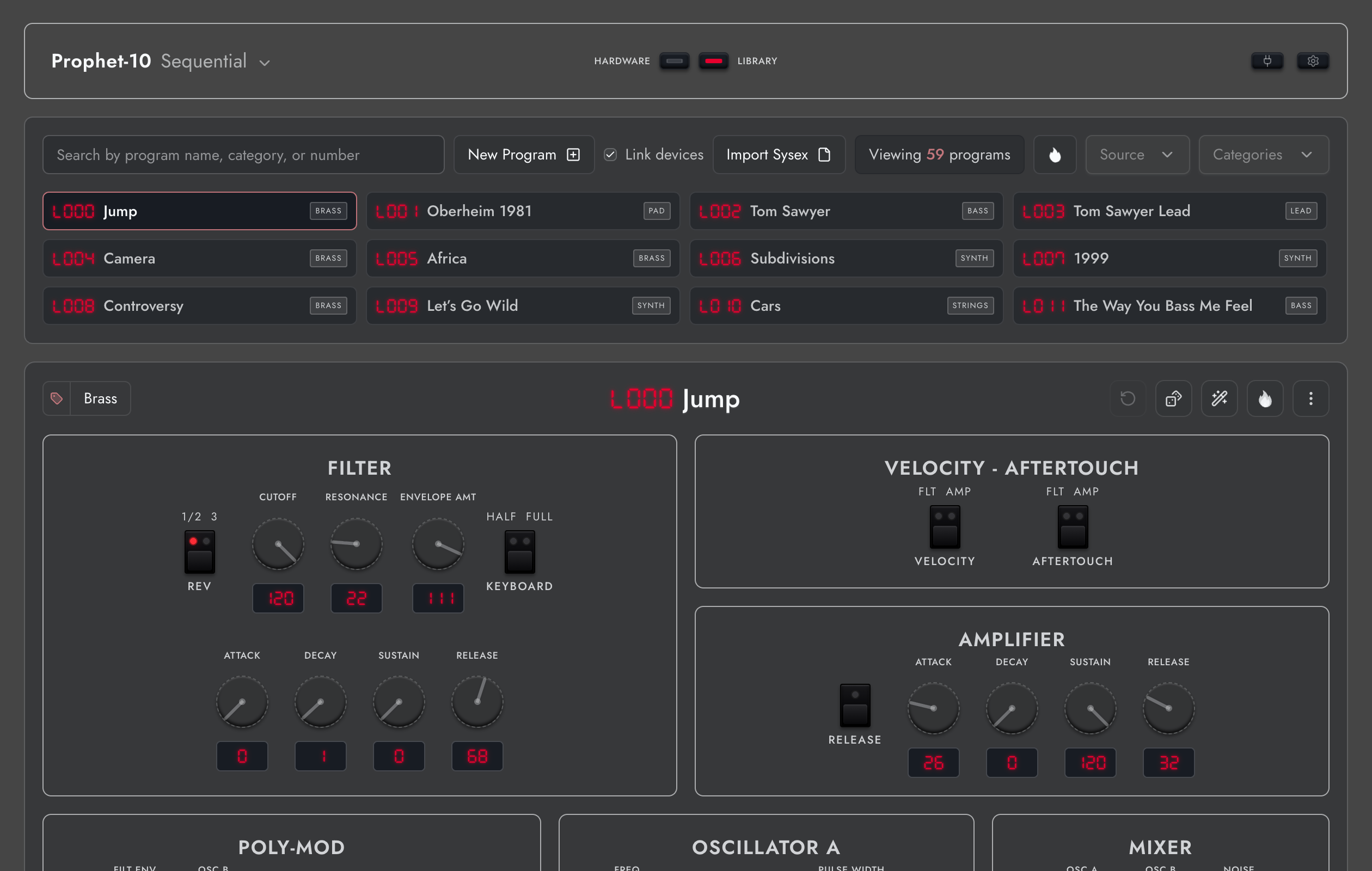 Shared sound library viewed from the Prophet-10 workspace