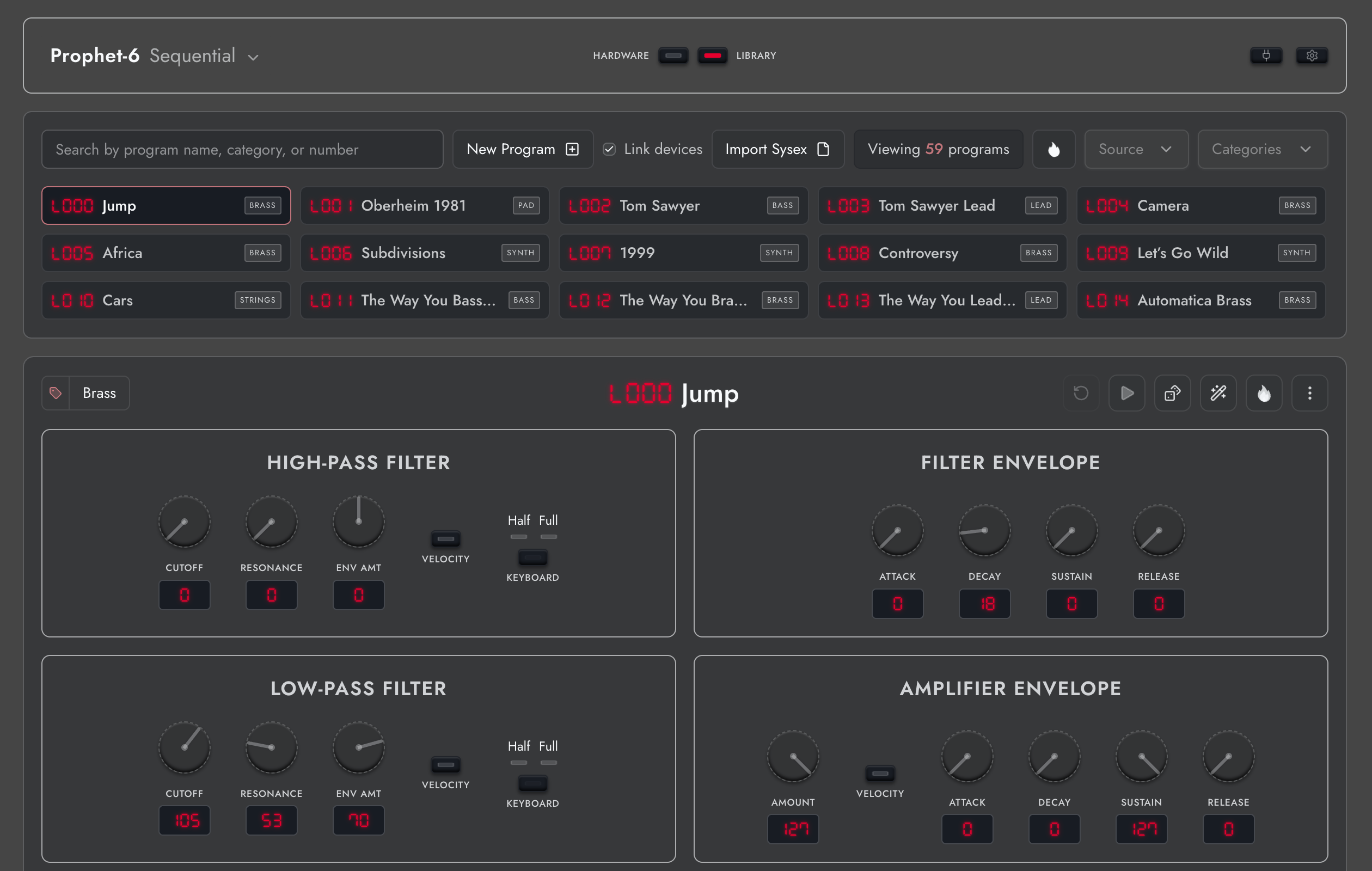 Shared sound library viewed from the Prophet-6 workspace