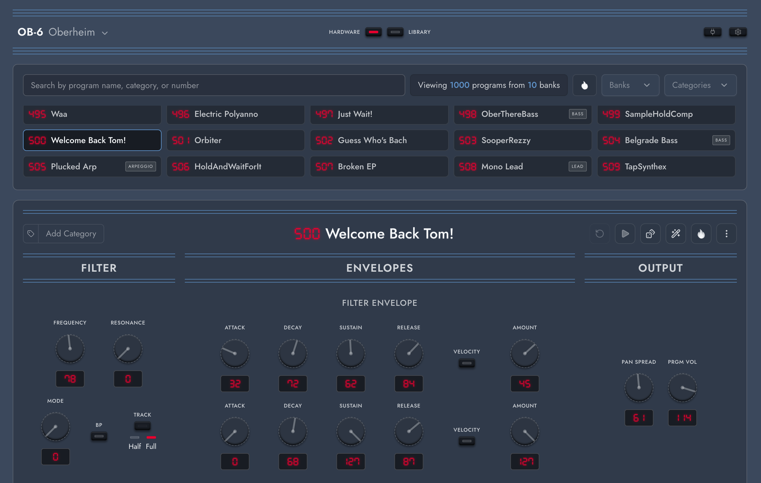 OB-6 hardware workspace showing programs across all banks