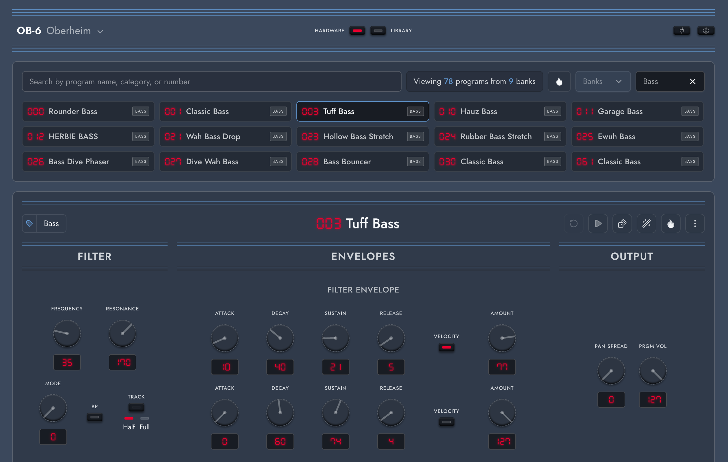 OB-6 hardware workspace filtered to bass programs