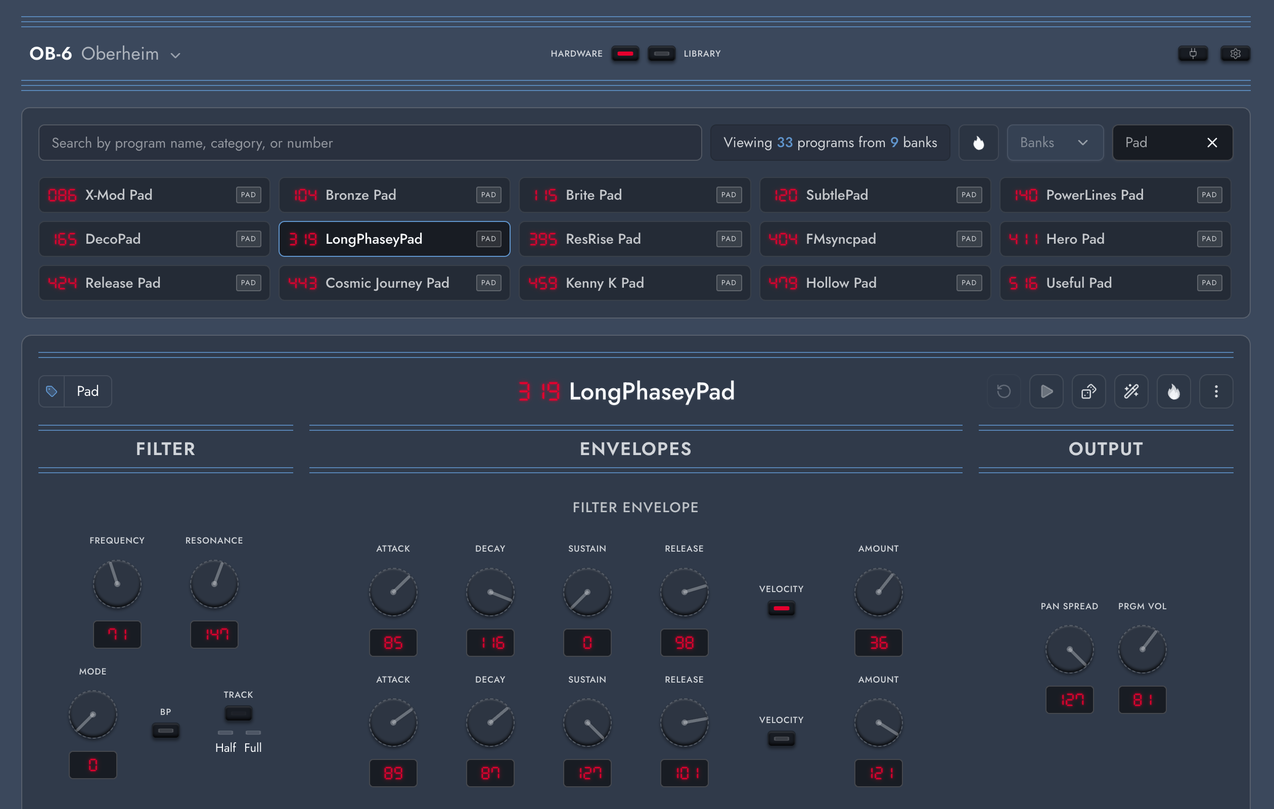 OB-6 hardware workspace filtered to pad programs