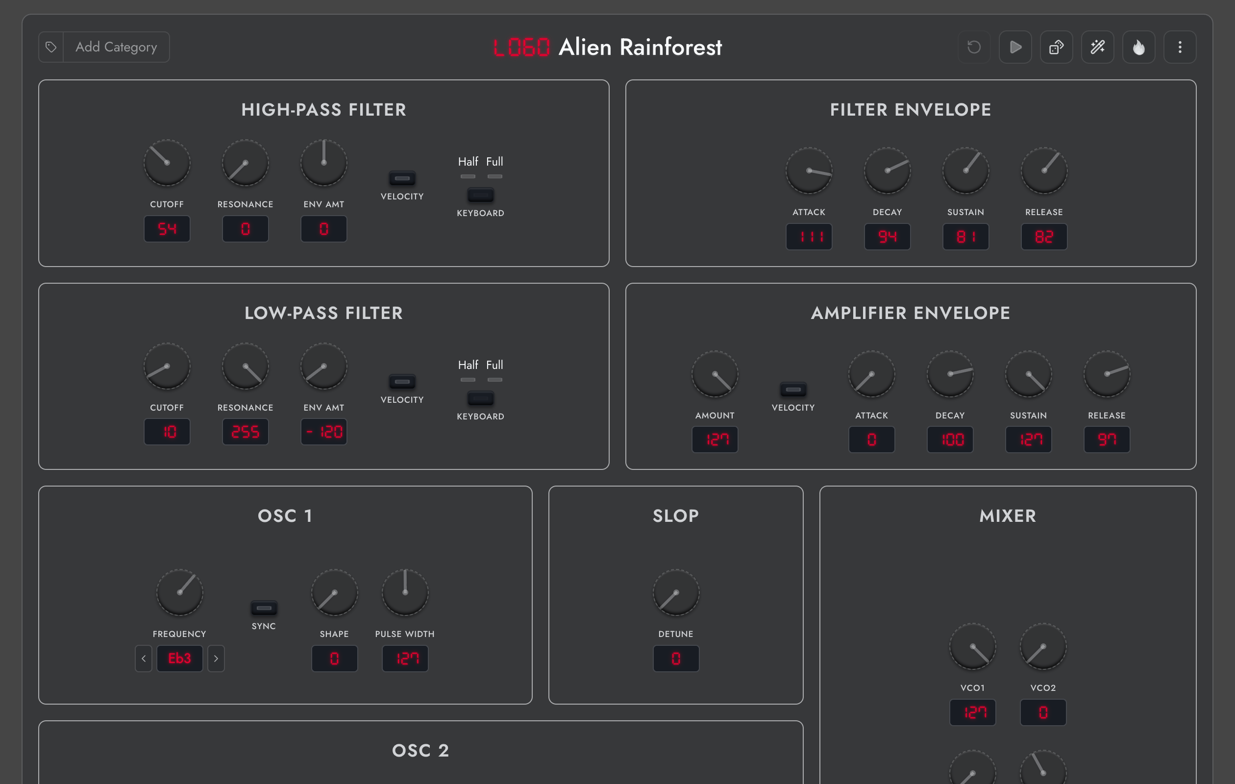 Prophet-6 panel editor showing the Alien Rainforest program