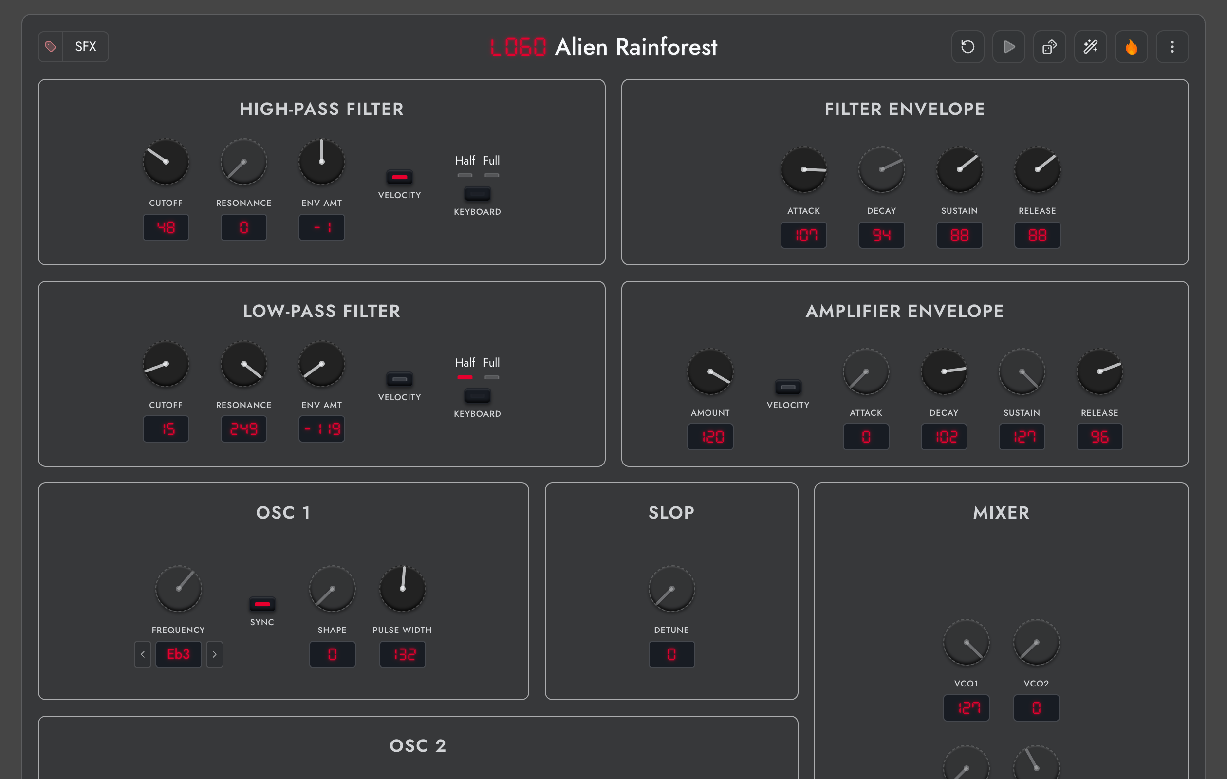 Prophet-6 panel editor showing randomized program parameters