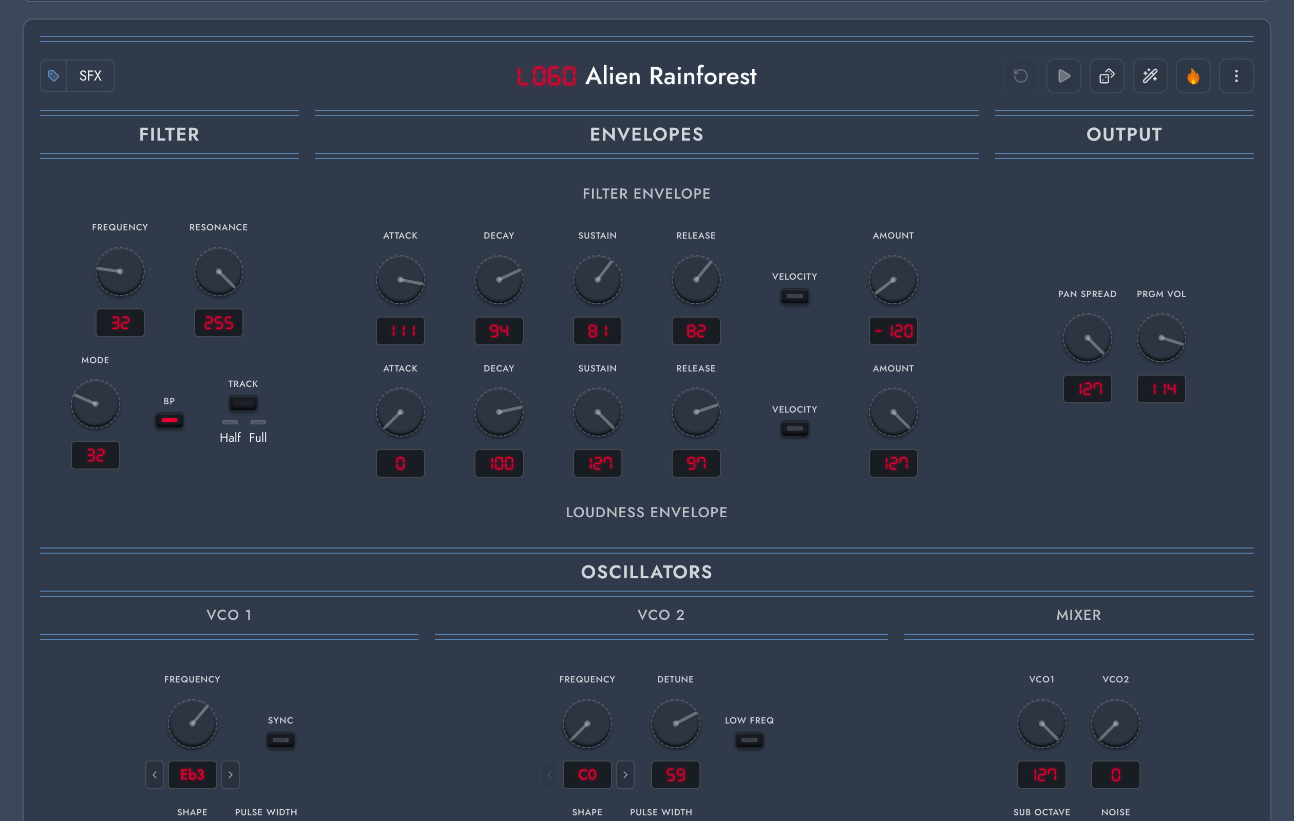 OB-6 panel editor showing the Alien Rainforest program