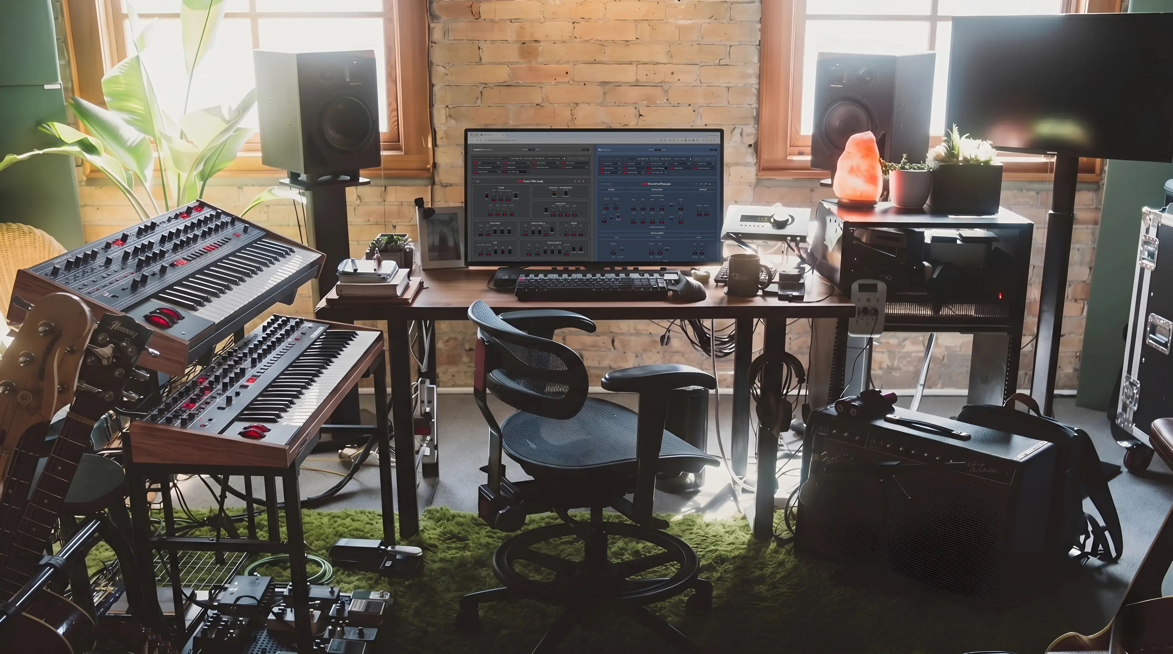 Home music studio with synthesizers